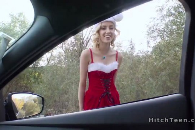 Santa teen hitchhiker bangs stranger outdoor